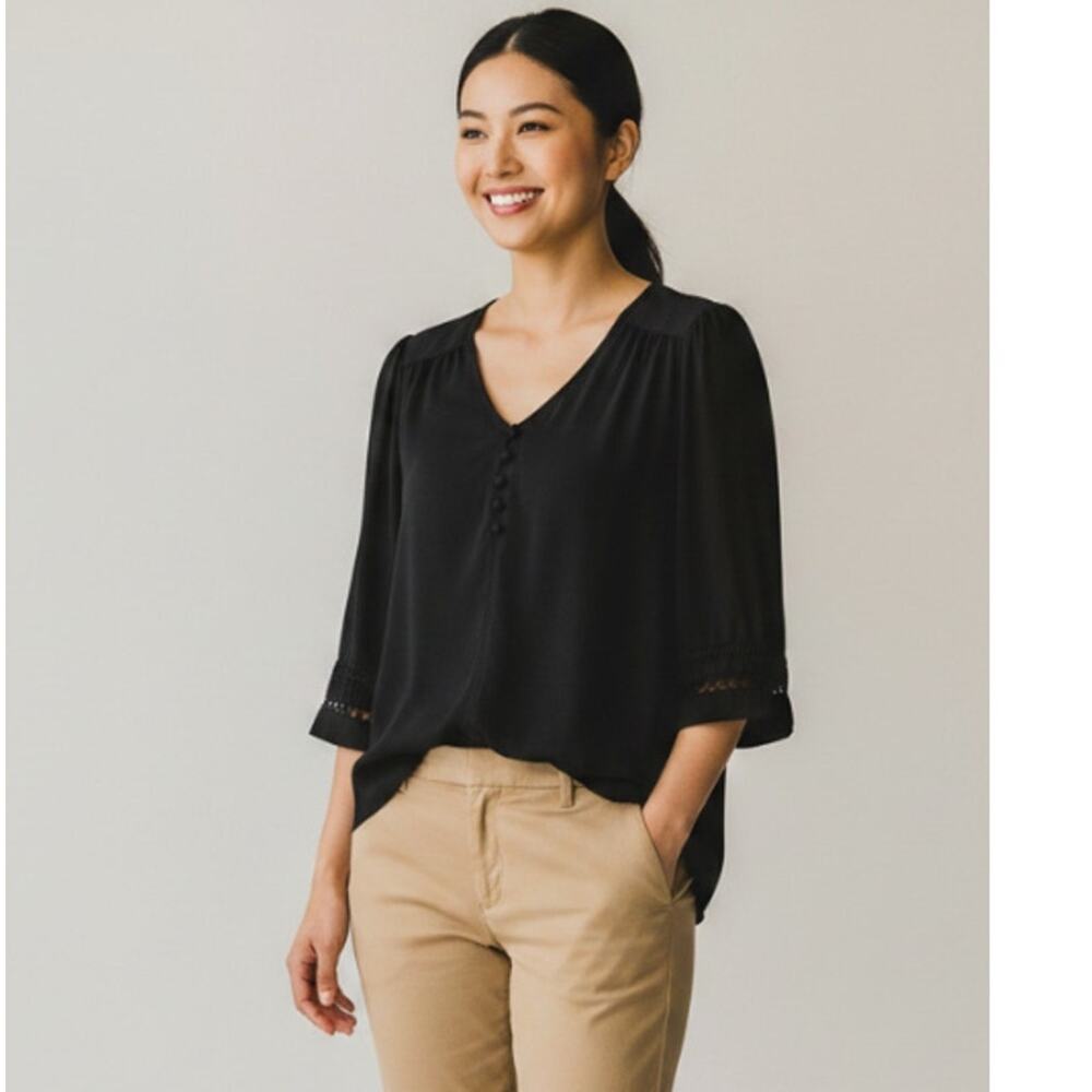 FORTUNE + IVY Top Amari Popover Bell-Sleeve Blouse Black Womens Medium NEW